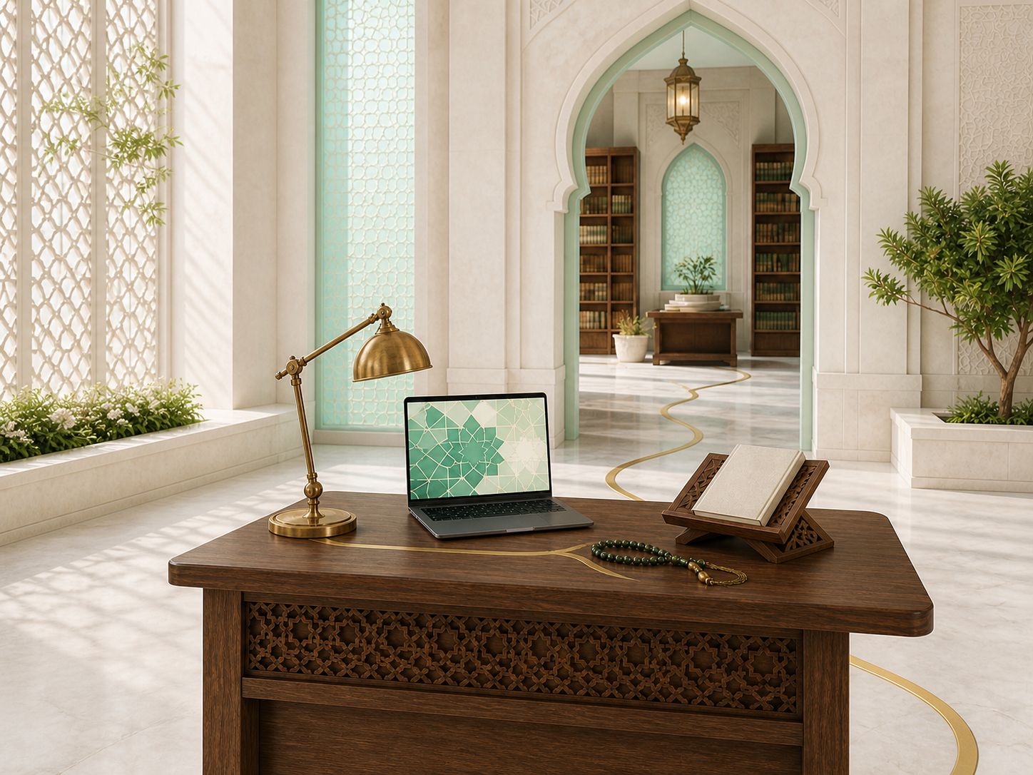 A bright learning desk with a laptop, a carved wooden book stand, and a reading lamp beneath a mint-lit arch.