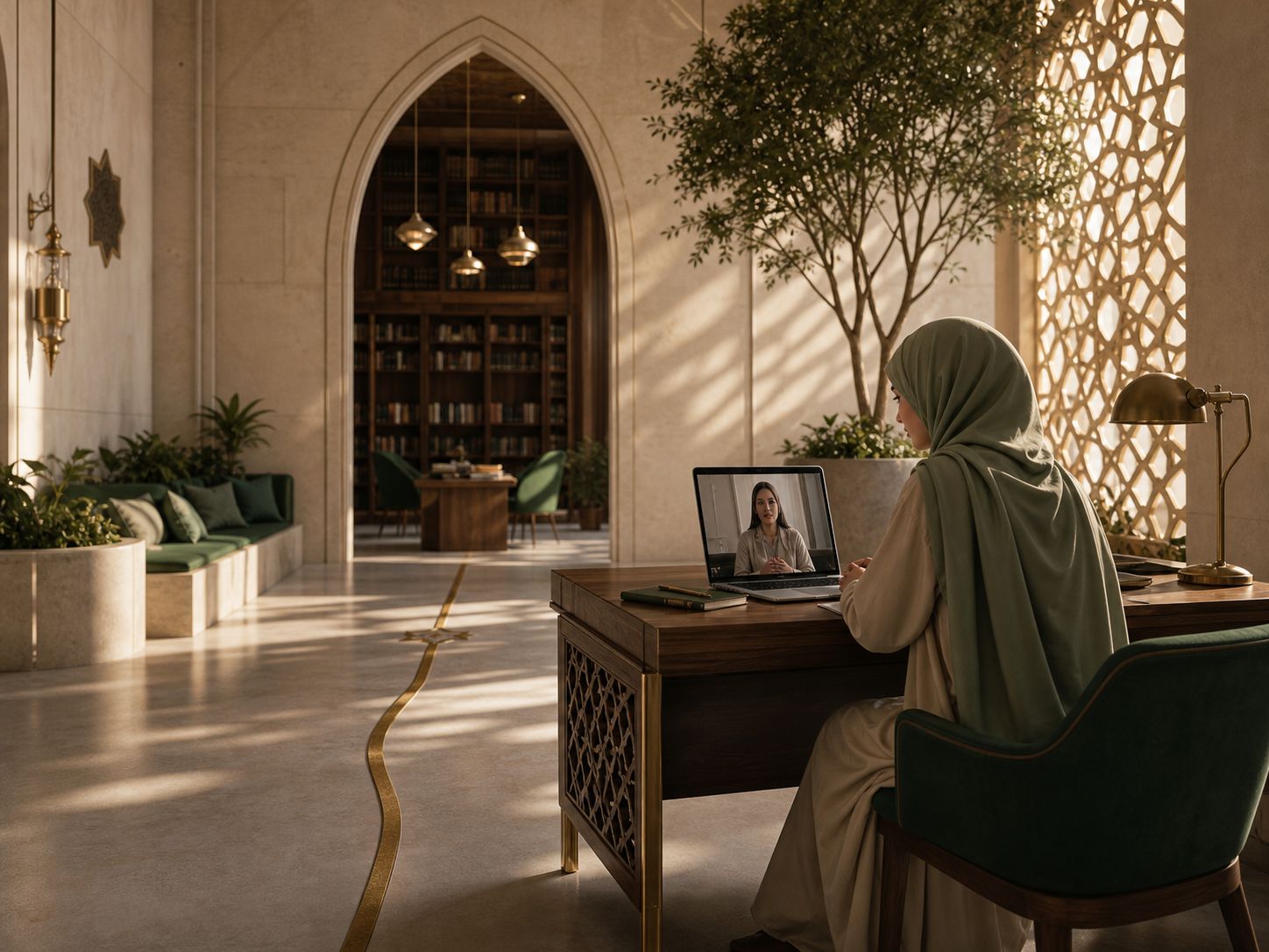 A learner joining a guided online lesson in a sunlit courtyard library