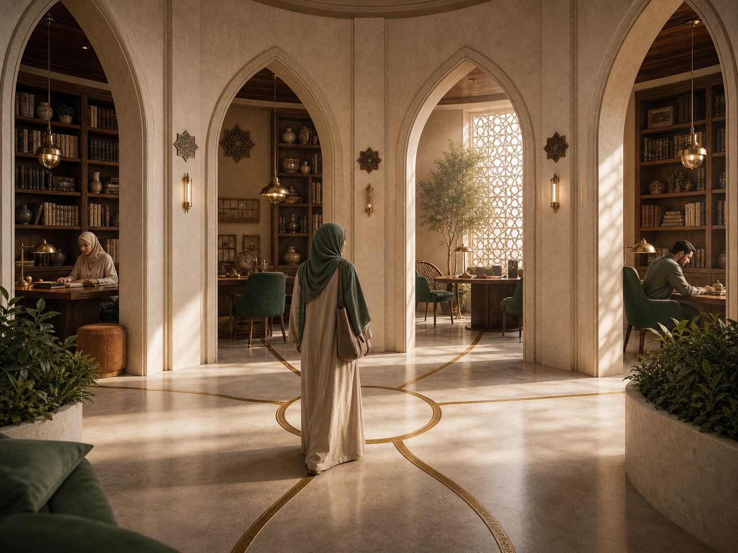 A learner considering several quiet study paths in a warm limestone library