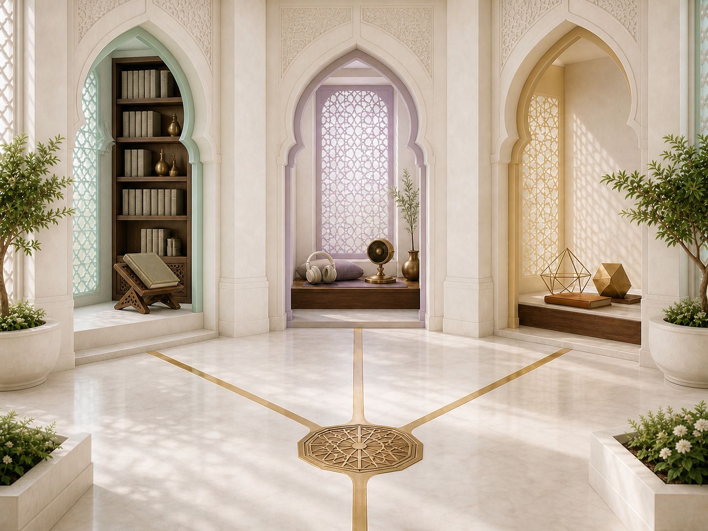 A bright library gallery where quiet study paths divide toward three distinct alcoves.