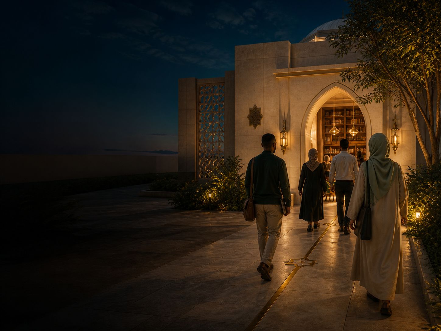 Learners following a brass path toward a warmly lit learning courtyard at blue hour