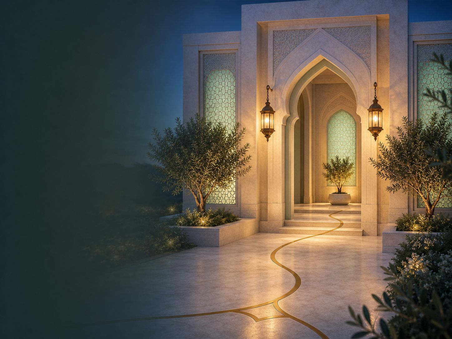 An emerald-and-gold evening entrance to the House of Learning, with lanterns and a path leading inward.